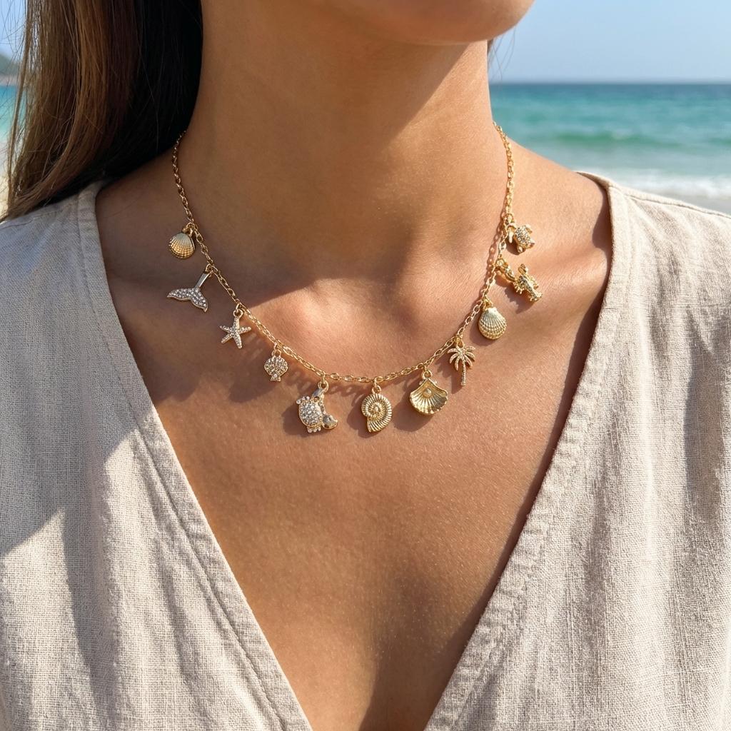 

Boho Zircon Starfish Shell Conch Pendant Necklace for Women Seahorse Crab Pearl Metal Chain Choker Summer Beach Party Jewelry