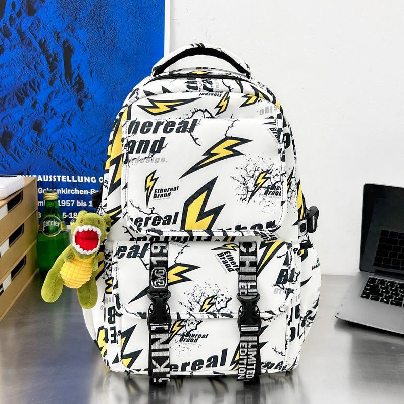 Schoolbag Japanese ins Street Lightning Personality Graffiti Backpack Trendy Cool Handsome Teen Boys Strong Durable Backpack
