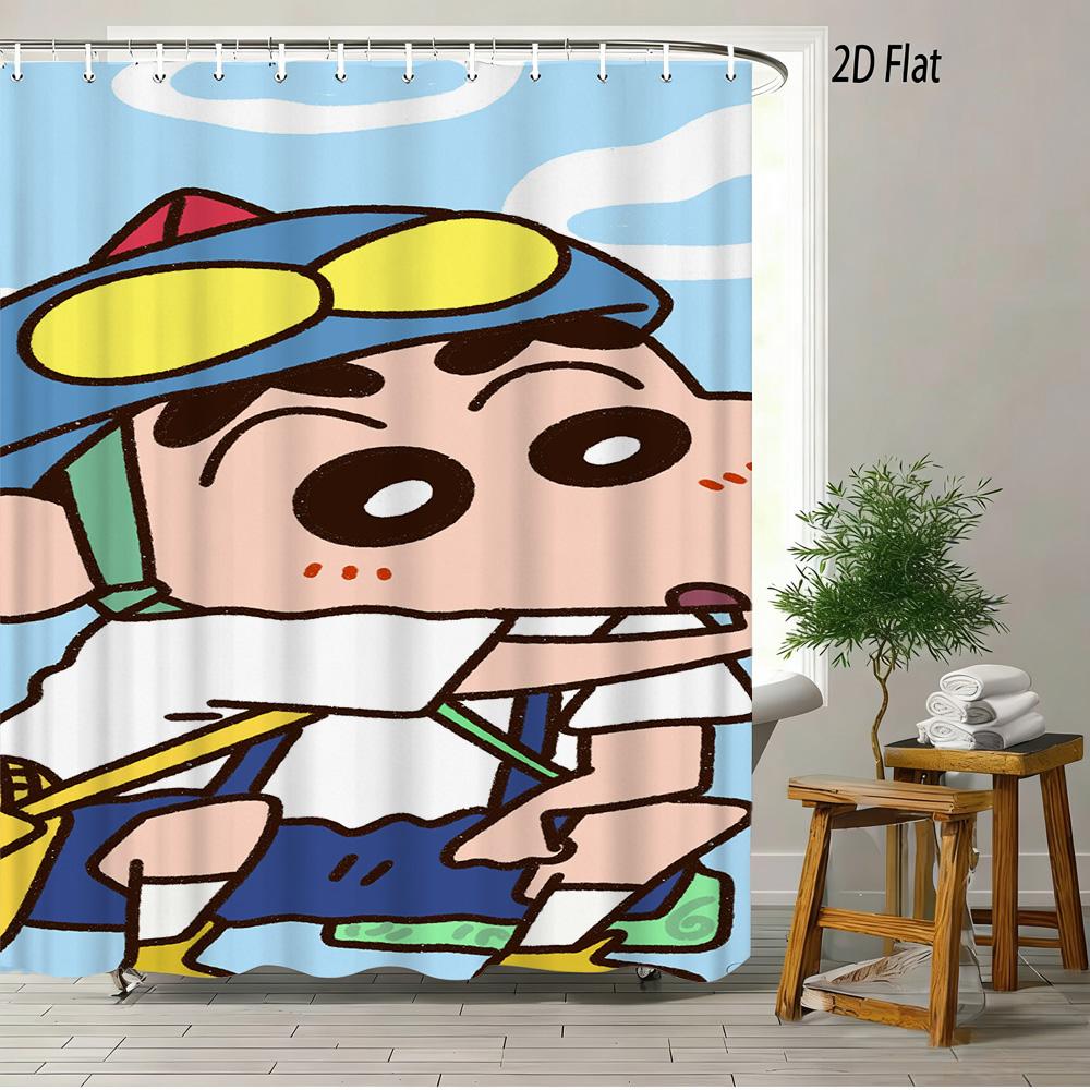 Crayon Shin-Chan All Characters Big Group Photo Scene 2D Print Waterproof Shower Curtain, Vibrant Blue Sky With Full Cast Bathro