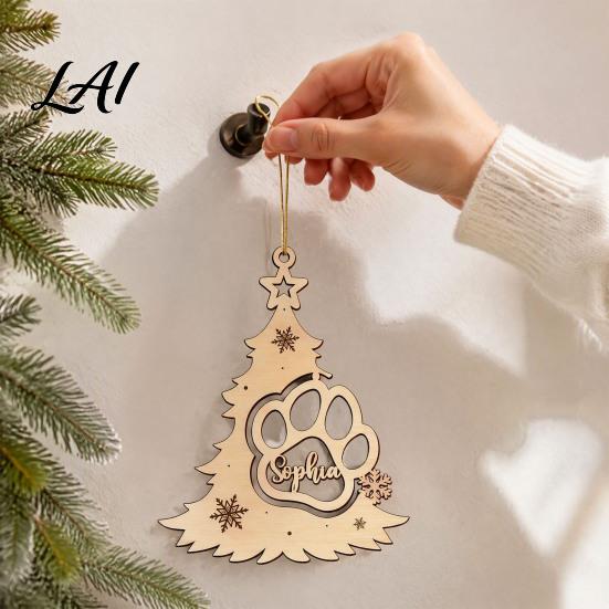 Creative Wooden Pet Pendants Wood Christmas Tree Pendant with Paw Print Hollow Engraved Hanging Handmade Decorations for Ornament Rustic Style Craft