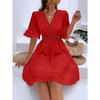 Women's New Summer Splicing Lace Fashion V-neck Waist Solid Color Dresses