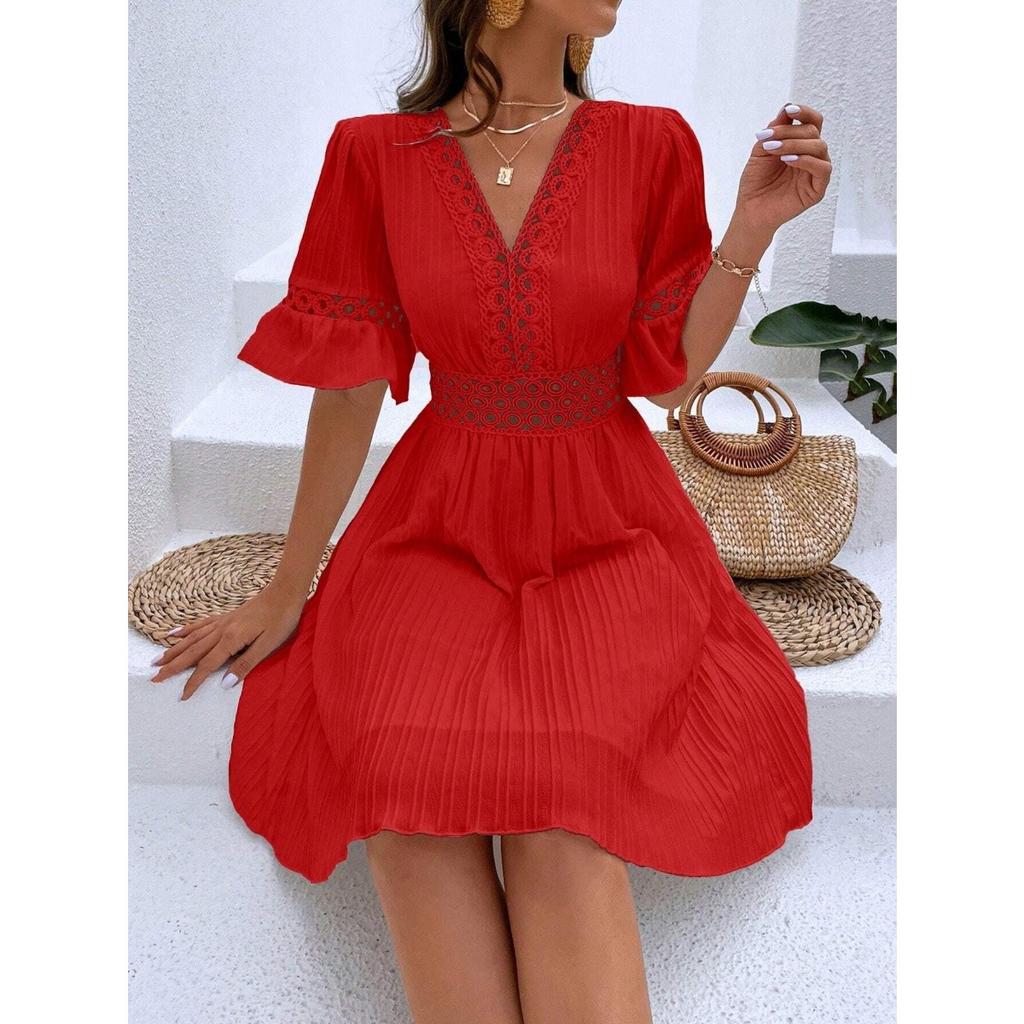 Women's New Summer Splicing Lace Fashion V-neck Waist Solid Color Dresses