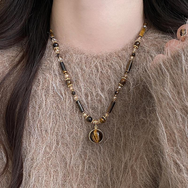 18k Real Gold Geometric Beaded Tiger's Eye Necklace Accessories Women's Sweater Chain Necklace