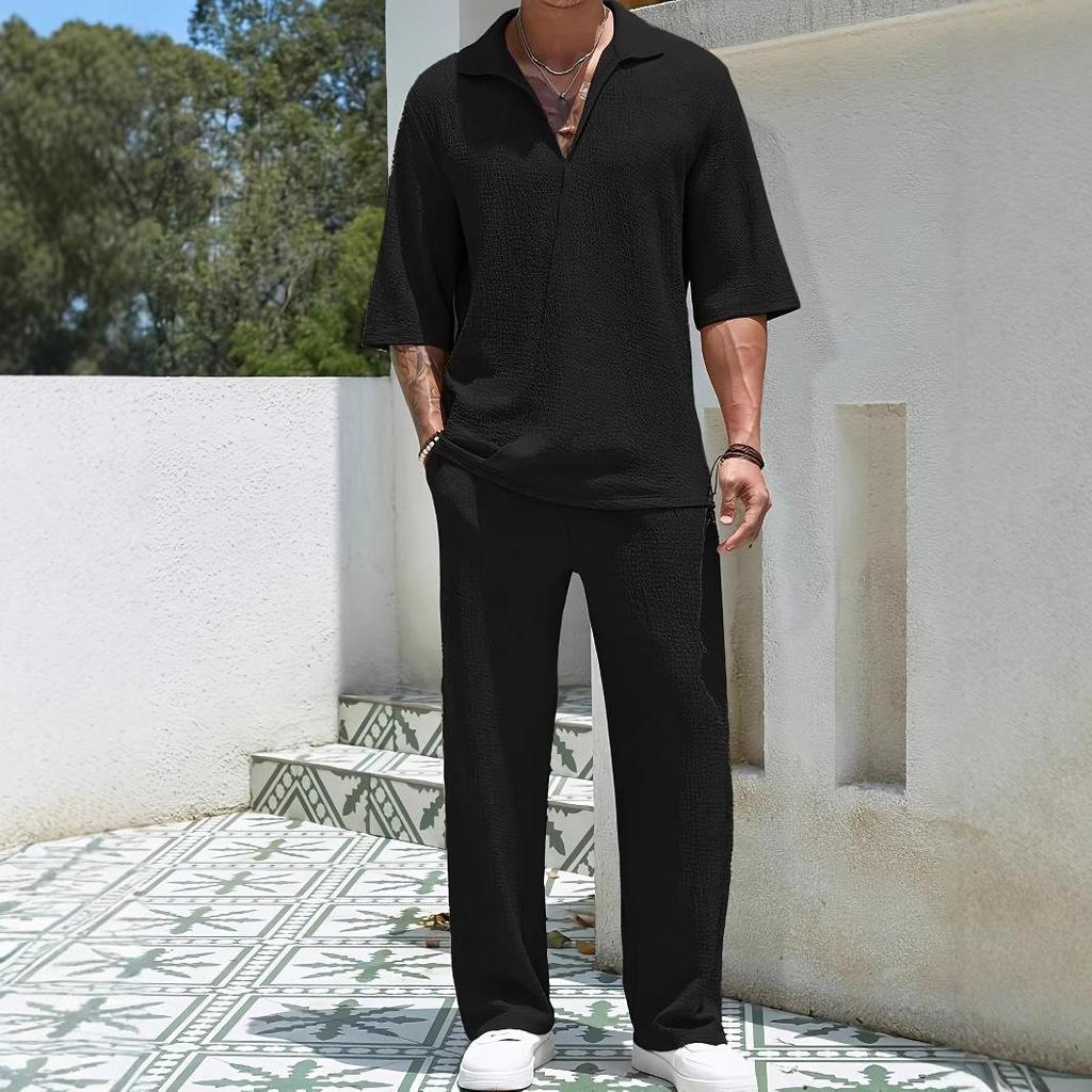 2025 Spring Men's Solid Color Casual Two-Piece Set: Short Sleeve Shirt & Long Pants
