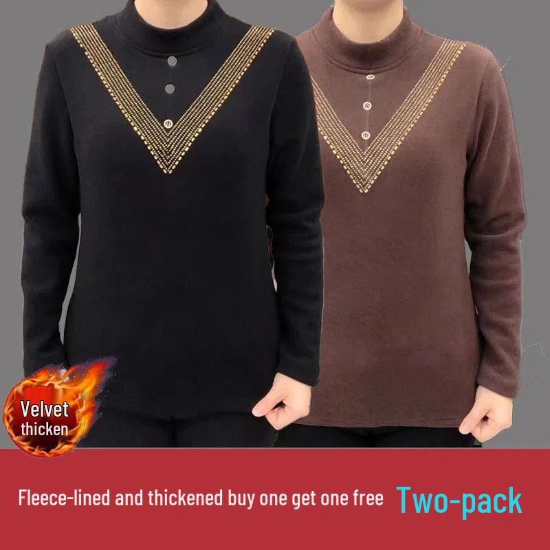 Double-Sided Threaded Velvet Rhinestone Slimming Semi-High Neck Top - Autumn/Winter Warm Base Layer