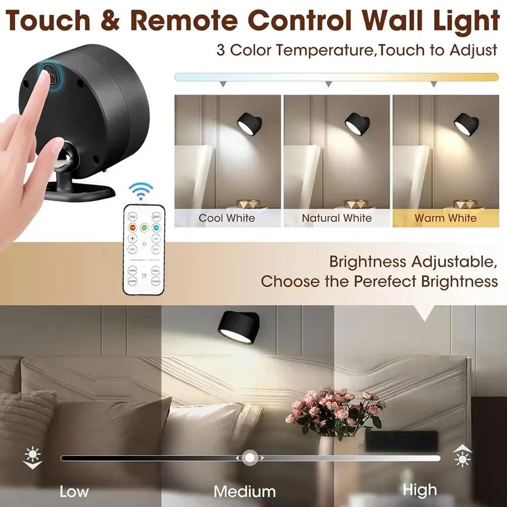 Rechargeable Wireless Wall Lamp,LED Wall Sconce 360° Rotation Nordic Modern Nordic Bedroom Lighting for Hallway Corridor Stairs