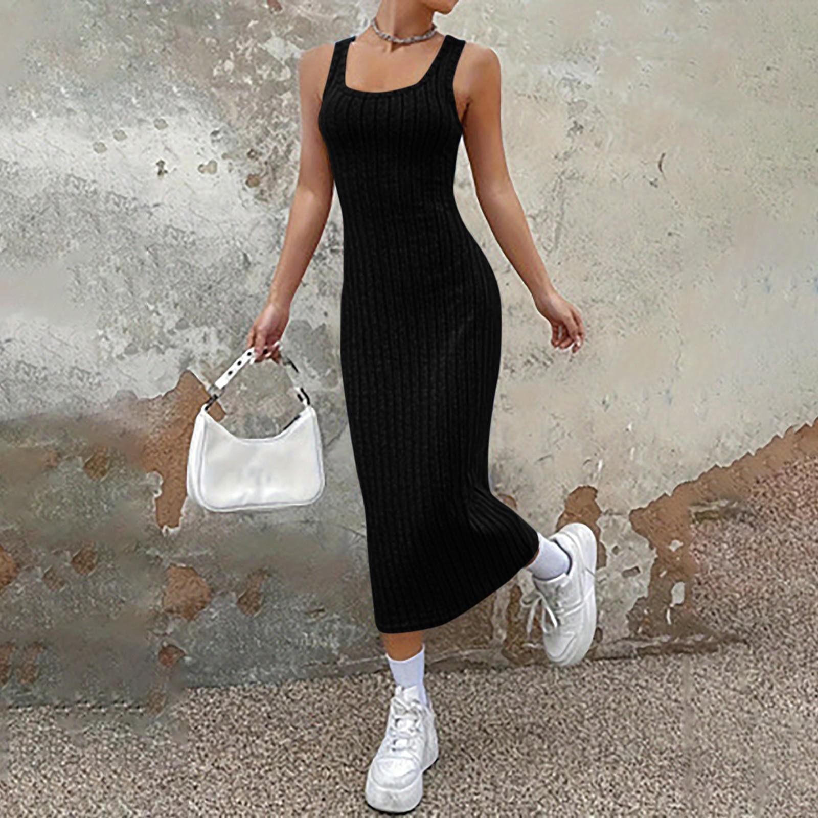 

Women s Fashionable Solid Color Sleeveless Camisole Casual Dress XXL чёрный