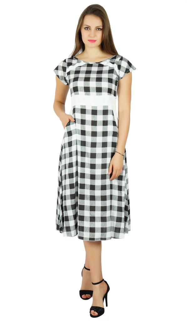 Bimba Womens Check Pattern Cotton Dress With Pockets Knee Length Casual Wear