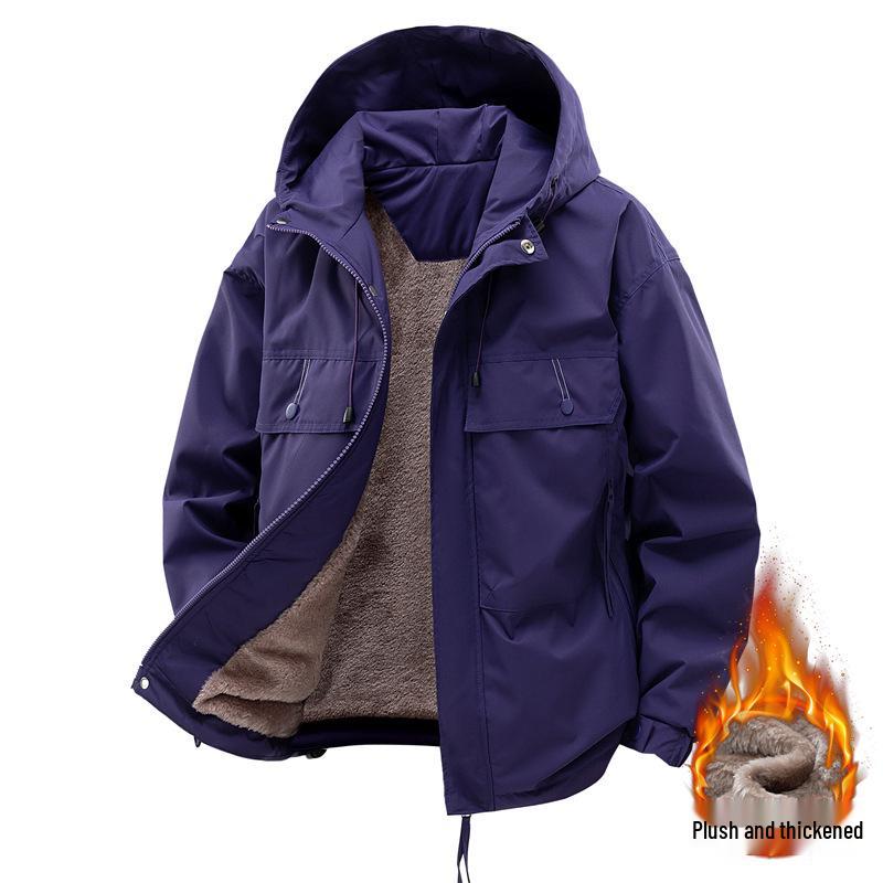 High-Quality Men's Hooded Workwear Jacket - Unisex Solid Color, Plus Velvet for Autumn & Winter