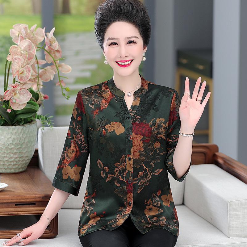 

Elegant Mid-Sleeve Mulberry Silk Shirt for Mature Women 2XL (110-120 lbs) зелений