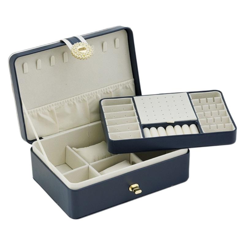 Jewelry Box with PU-Covered Exterior, Lift-Out Upper Tray, Ring Rolls, Earring Panel, Necklace Hooks, and Lid Pocket