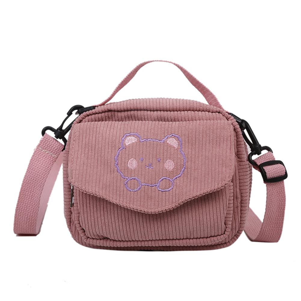 

Corduroy Crossbody Bag Vintage Cute Shoulder Handbag Embroidery Bear Japanese Flap Pocket Autumn Winter Purse for Student Girls рожевий