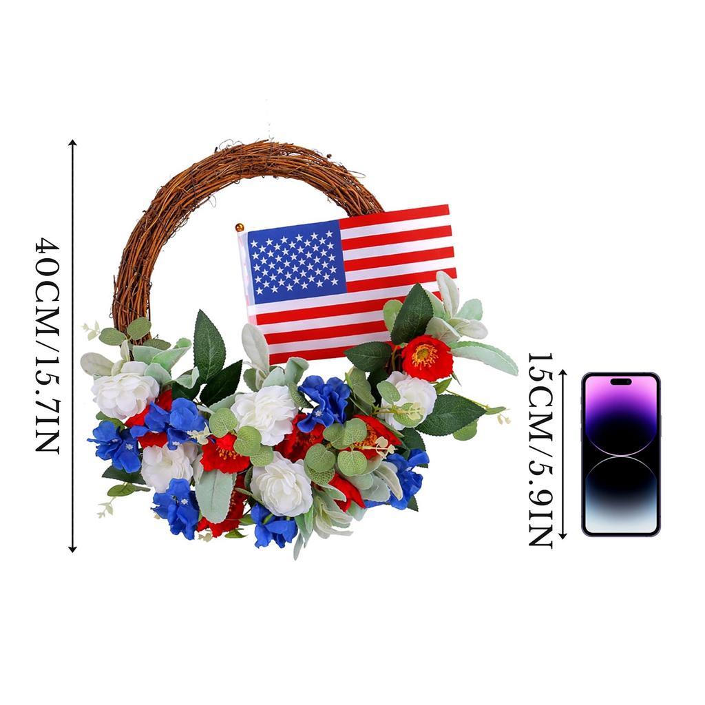 Independence Day Red And Blue Small Flower Wreath Window Wall Hanging Holiday Simulation Flower Deadwood Rattan Wreath Door Hanging