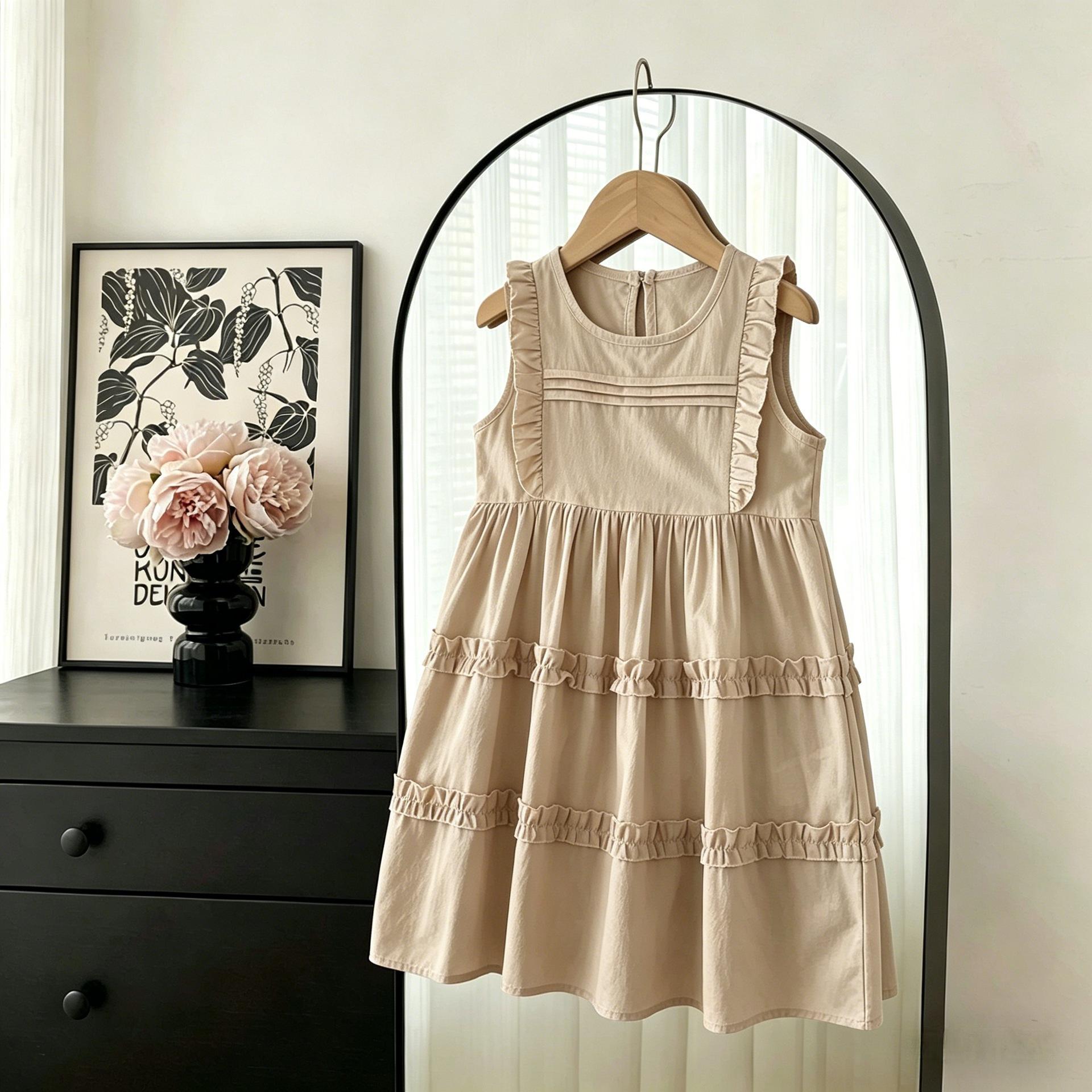 Girls Summer Sleeveless Dress With Ruffles Sweet Princess Vest Dress For Kids 100cm бежевый