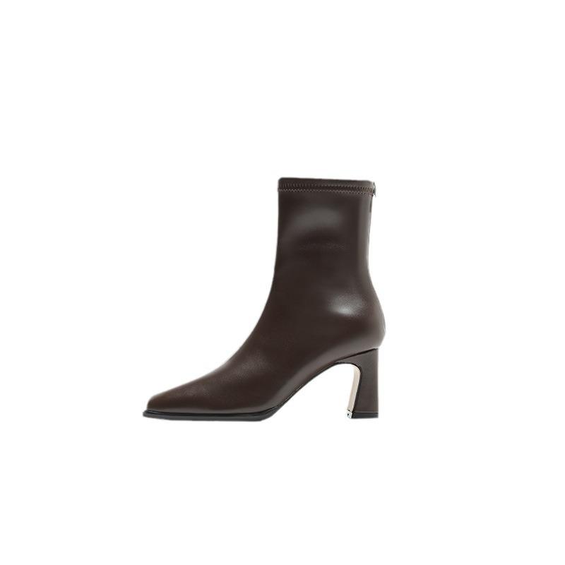 Brown Short Boots Women's High Heels Autumn and Winter New Velvet Thick Heel French Small Ankle Boots Rear Zipper Elastic Square Head Thin Boots