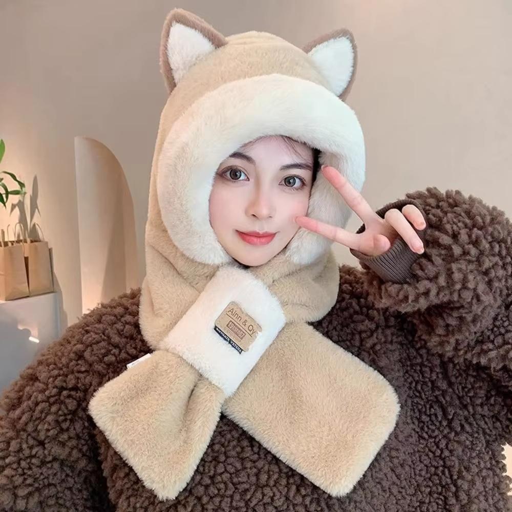 Hat Women's Korean Winter Windproof and Cold-proof Thickened Warmth Plush Beanie Cap Scarf Ear Protection Soft Hooded Scarf