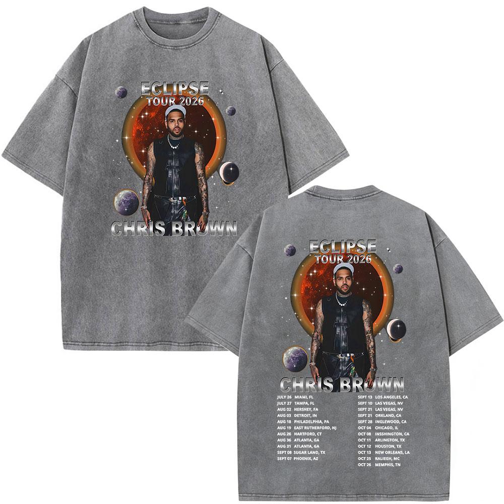 Rapper Chris Brown Eclipse Tour Merchandising Concerto Maglietta Lavata Vintage Regali per Fan Uomo Donna Moda Hip Hop Magliette Oversize
