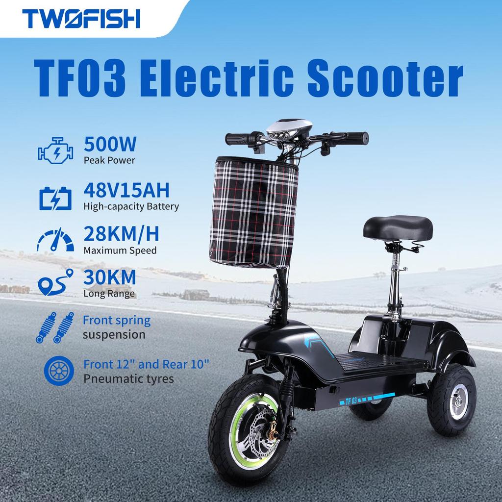 Three-wheeled Electric Scooter Twofish TF03 500W Motor 48V15Ah Battery 30km/h Max Speed 30km Max Range