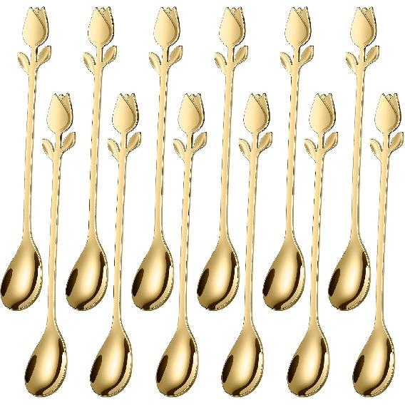 Gold Tulip/Rose Handle 12-Pcs Mini Coffee Spoons Set - 6  Stainless Steel for Espresso, Tea, Dessert - Ideal for Demitasse & Small Servings шампанского