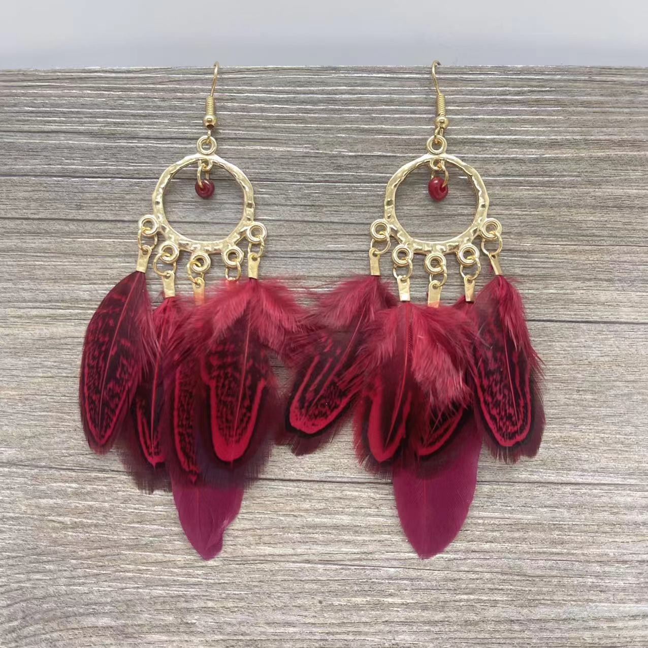 Vintage Bohemian Feather Tassel Long Earrings For Women Ethnic Vacation Accessories бордовый