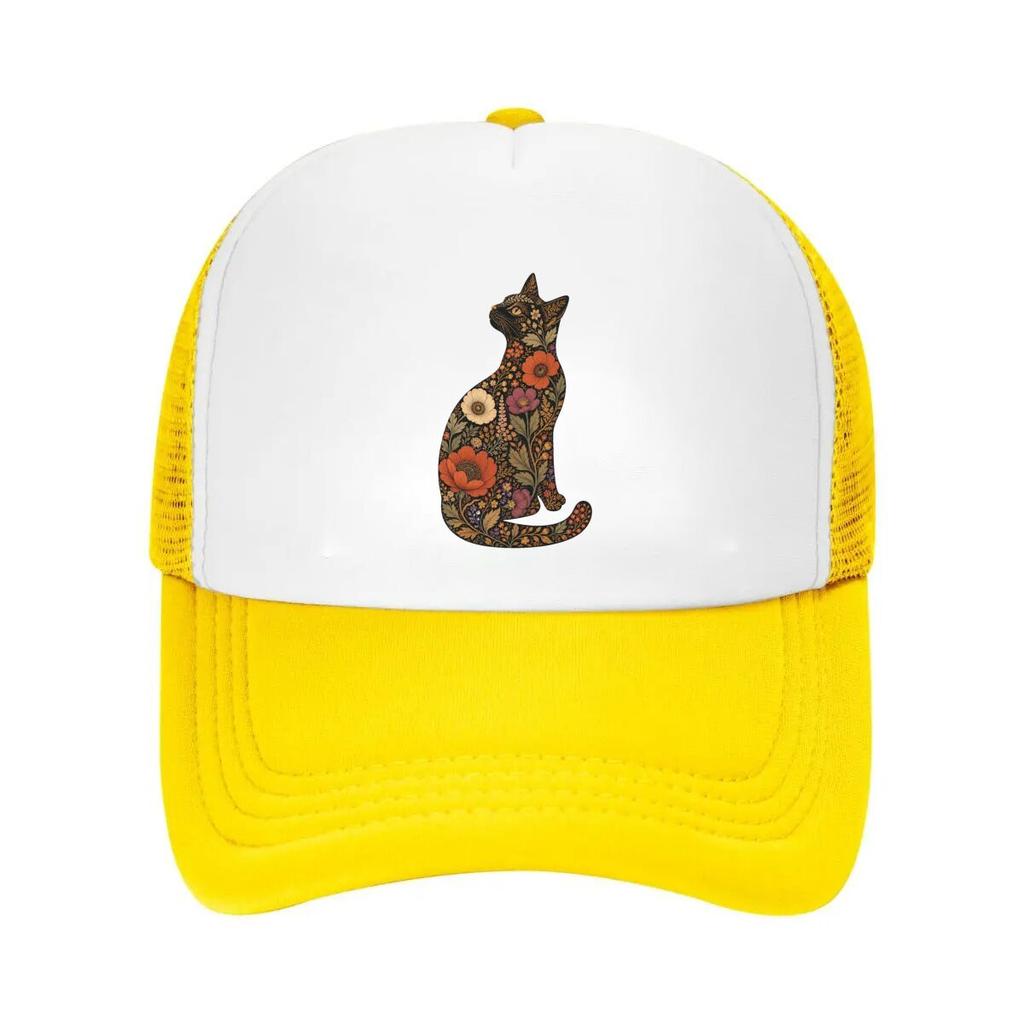 Bohemian Botanical Cat Silhouette Po Mesh Baseball Cap Casual Hat Outdoor For Womens Unisex FeUnisex