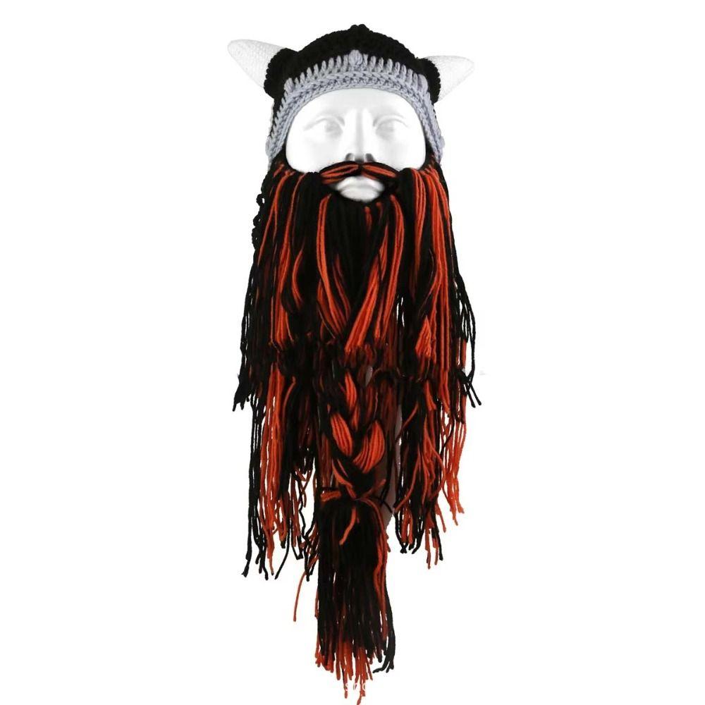 Horn Hat Viking Beard Beanie Handmade Knit Big Beard Mask Hat Wig Beard Hats Costume Accessory
