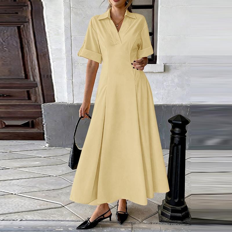ZANZEA Damen Lässig Umlegekragen Sommer Kurzarm Langes Kleid
