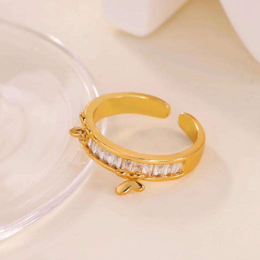 Stainless Steel Cubic Zirconia Butterfly Rings Gold Color Anti Fading Ring Women Mama Wedding Jewelry Vacation Accessories Gifts