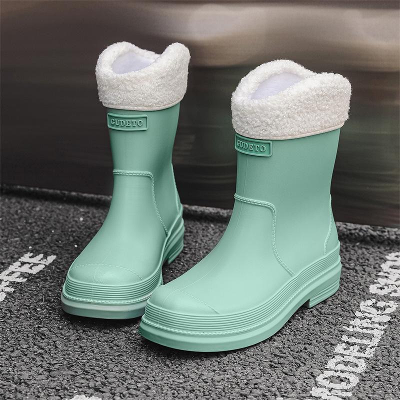 Non-slip women's rain shoes adult medium tube women's waterproof water shoes outdoor kitchen work rain boots velvet rubber shoes