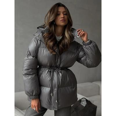 Women Solid Thicken Cotton Jackets Casual Stand Collar Zipper Long Sleeves Lace Up Detachable Hat Coat Winter Lady Warm Outwear