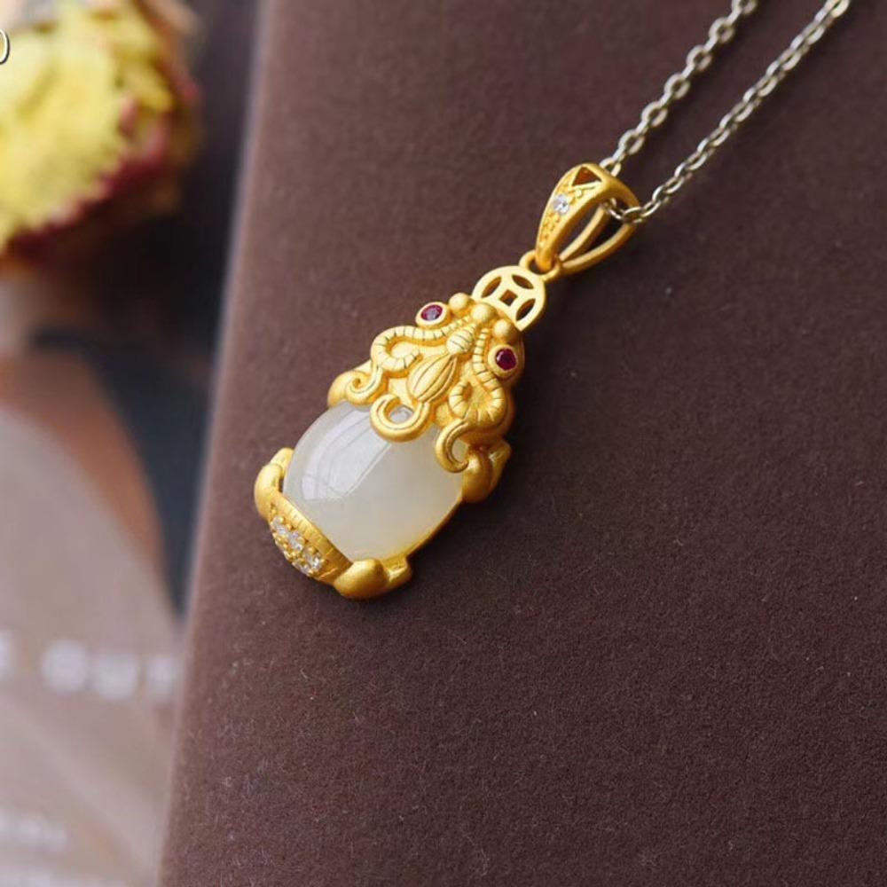 Traditional Chinese Gold Plated Hetian Jade Pixiu Necklace Spinach Green Pendant