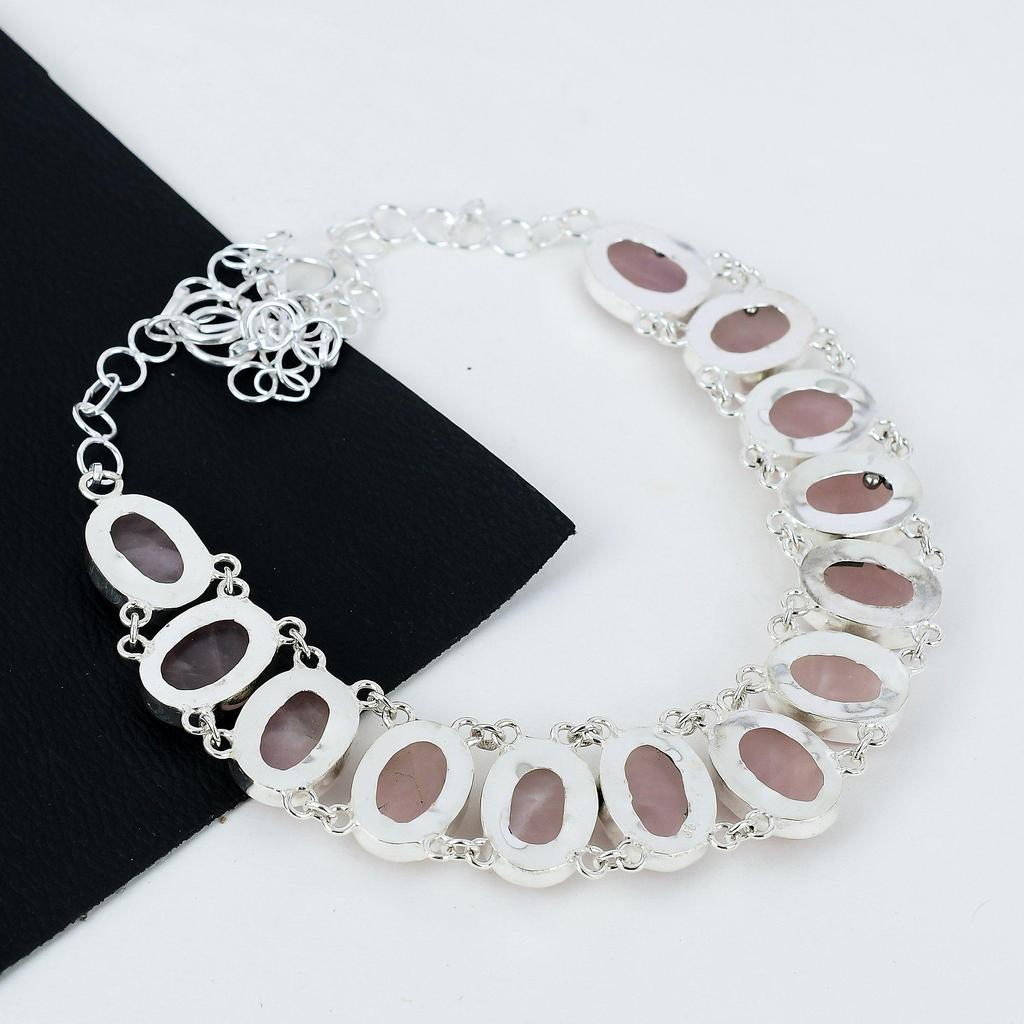 Naturlig Rosenkvarts Ädelsten Handgjord 925 Sterling Silver Elektroform Halsband, Rosenkvarts Silver För Hustru Unisex Hänge Födelsedagspresenter