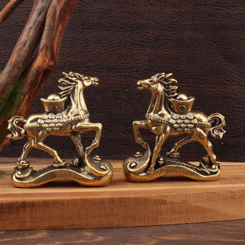 Brass Horse Step On Coins Lucky Statue Feng Shui Desk Ornament Zodiac Animal Figurines Miniatures Pure Copper Crafts Collections