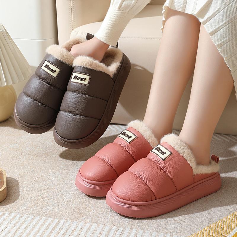 PU leather cotton slippers warm in autumn and winter home EVA thick bottom, non-slip indoor and outdoor wear waterproof velvet cotton mop