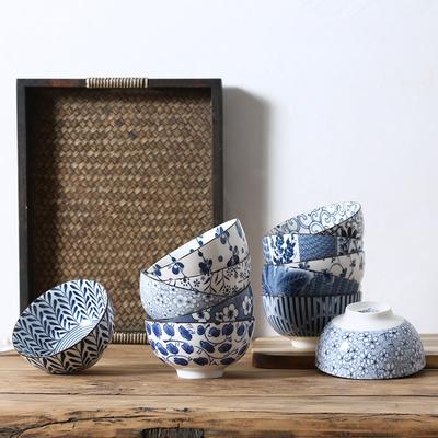 4Pcs/Set Retro Ceramic Bowl Household Rice Noodle Bowl Creative Blue and White Porcelain Soup Bowl Underglaze Tableware Set