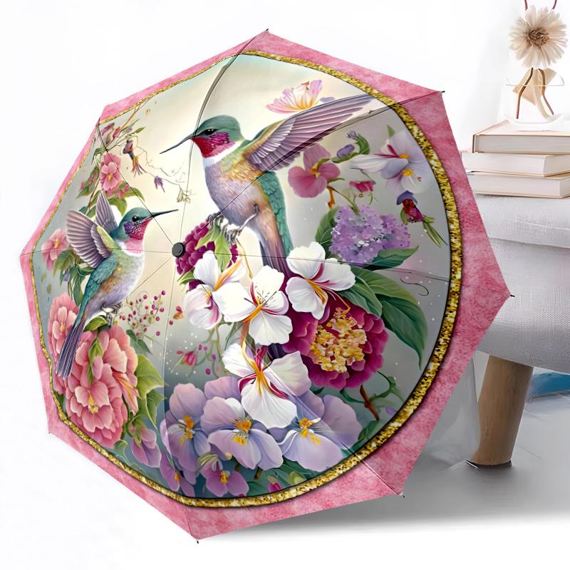 Colorful Hummingbird Flower Wreath Outdoor Automatic Umbrella Retractable Design with 8-Rib Durability Lightweight Perfect Gift for Friends Family