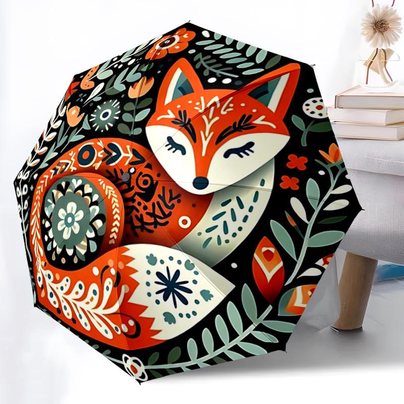 1pc Fox Art Design Pattern Automatic Umbrella Is Fashionable and Good-Looking, Suitable for Travel and Daily Use.A044
