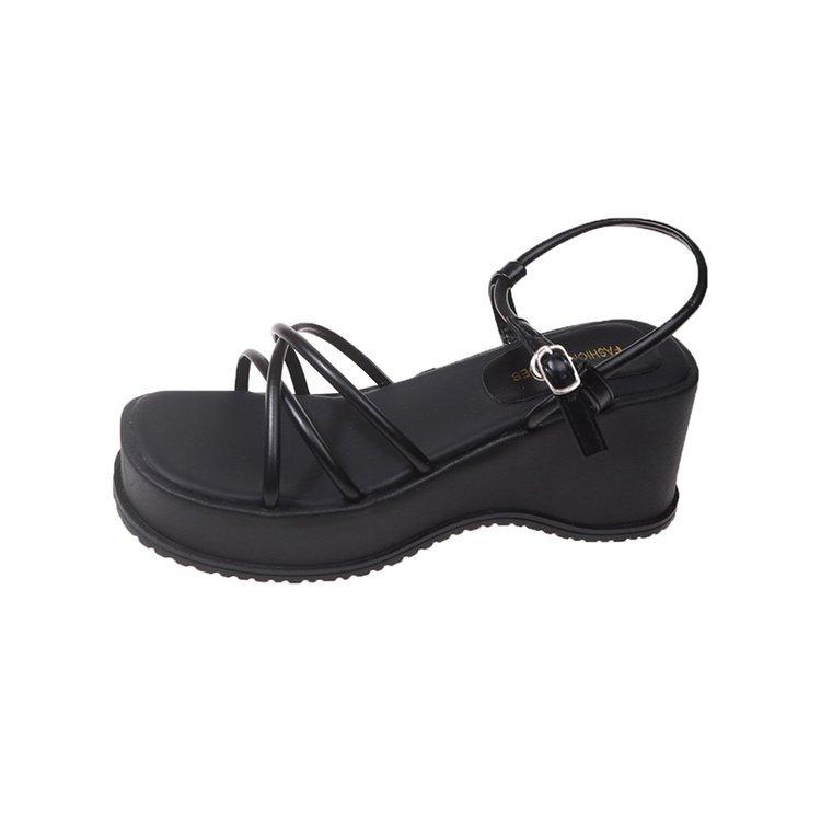 

European Station in the summer of 2024, the new wedge heel strap platform sandals, women s heightening one-word silver Roman shoes 35 чёрный