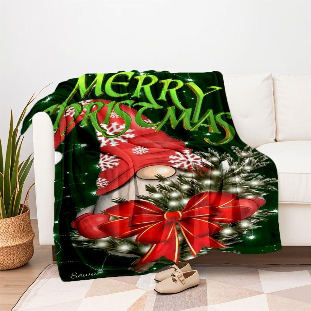 "Merry Christmas Gnome with Red Bow Decoration"Blanket Flannel Throw Blanket for Sofa, Bed, Travel, Camping, Office