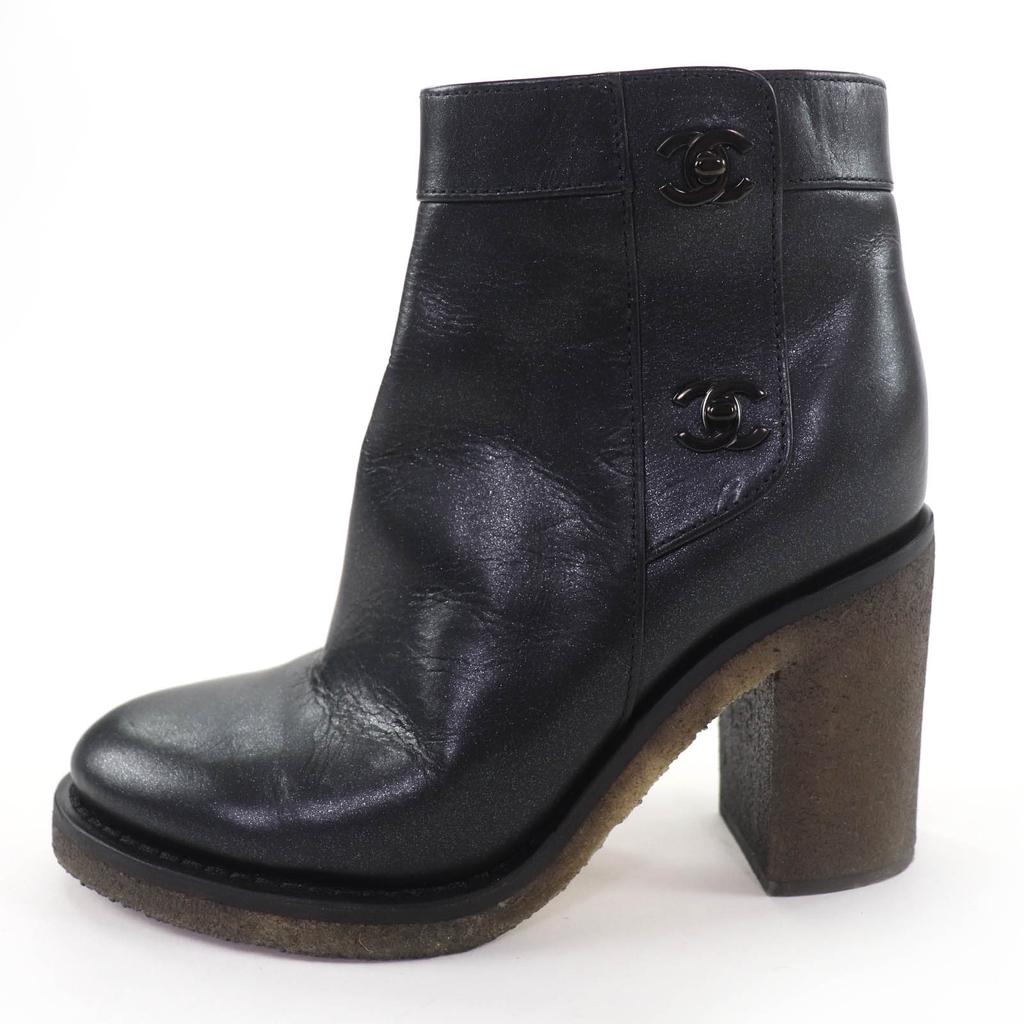 Great CHANEL short boots Double COCO Mark turn lock lamé leather black 36 G31285 Used