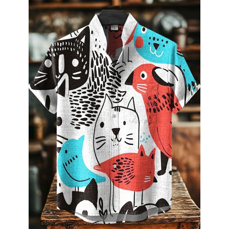 Men's Short Sleeve Shirt Vintage Ethnic Style Sunlight and Tree Illustration Art Snake Print Casual Linen Shirt