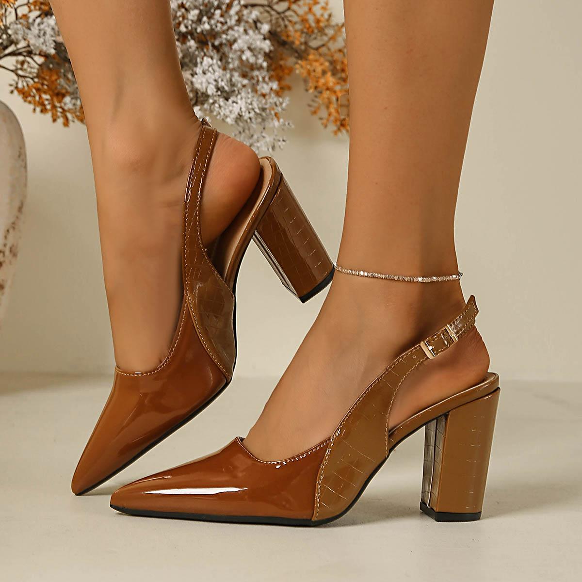 Fashion Shoes Cswo01 Women's Pointed Toe Japanned Leather Sandals Thick High Heels Slingback Summer Shoes Woman Gladiator Sandalias Big Size 42 Cm
