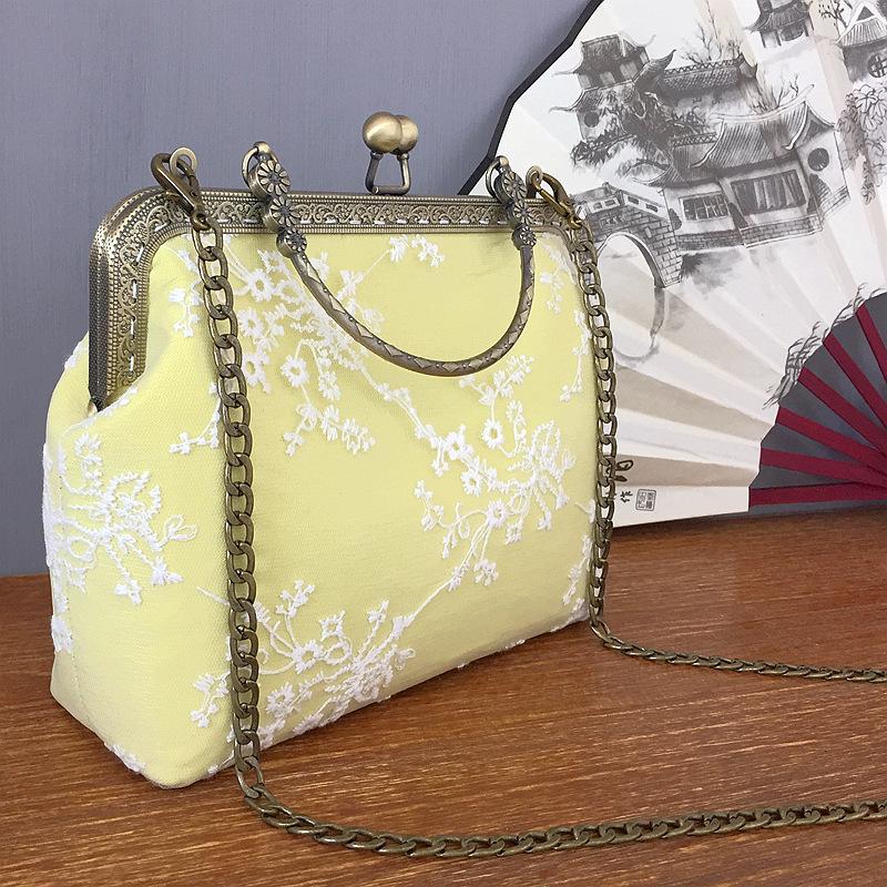 Chinese Style Lace Embroidery Handbag Vintage Metal Handle Kiss Lock Bag Elegant Floral Wedding Party Purse Retro Chic Tote