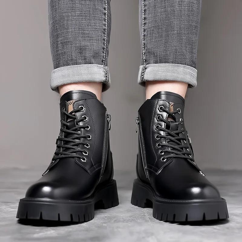 Men's high top winter plush warm cotton boots medium top leather shoes British style work clothes new snow short boots