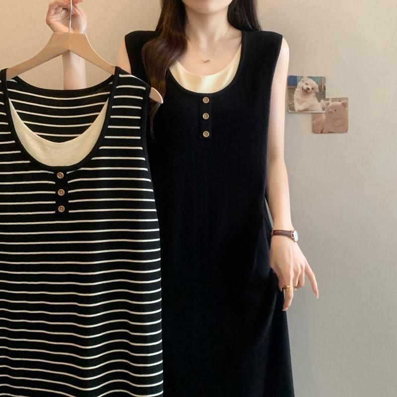 Ärmelloses Colorblock-Zweiteiler-Design Sommerkleid in Übergröße für Damen: Lockeres & Schlankmachendes Langes Kleid