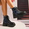 Spliced Block Heel Booties Winter New Round Toe Lace-up Platform Non-Slip Wear-Resistant Kitten Heels