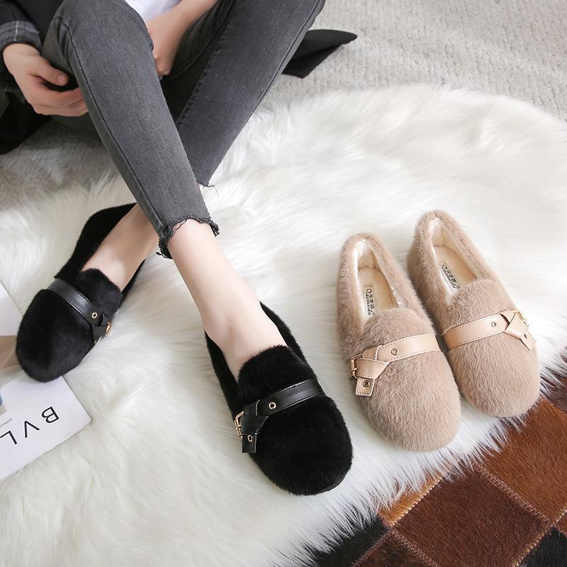 Fashion Mink Fur moccasins femme bow-knot belt buckle fleeces flats woman winter shoes women sneakers warm plush loafers big size 34-43