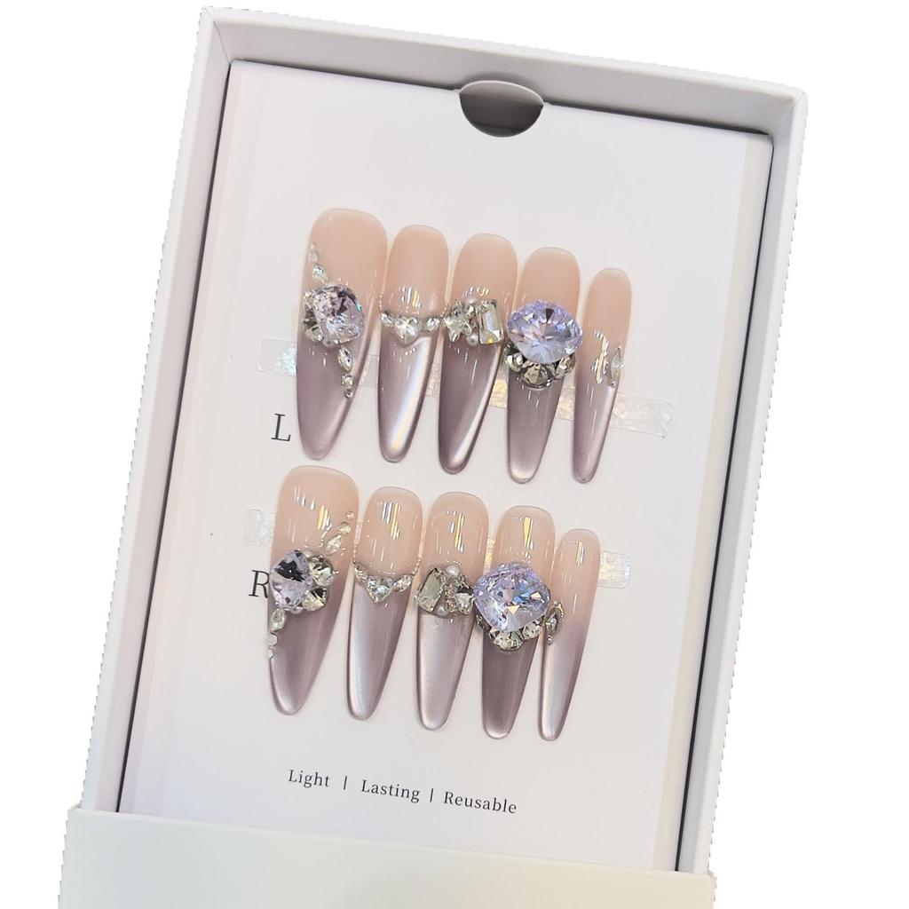 Handmade Purple Cat Eye Zircon Nail Stickers - Removable and Stylish