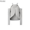 ZANZEA Two Piece Suit Women Cold Shoulder Long Sleeve Irregular Blouse and Pants Sets