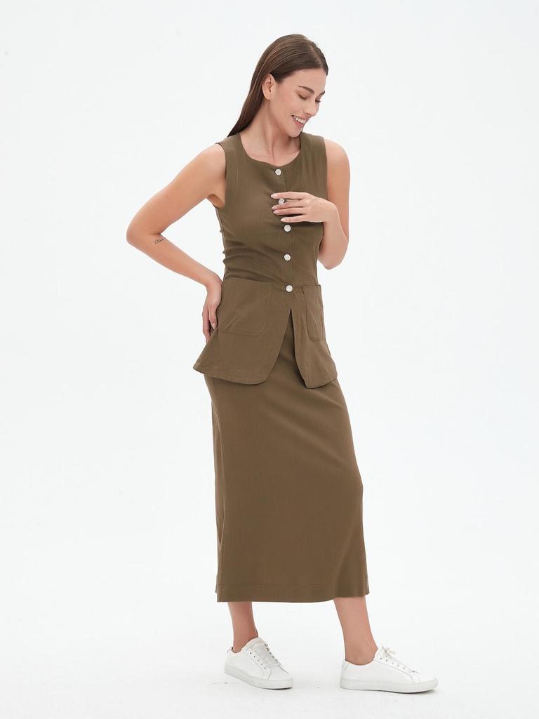 Capable Solid Color Linen Blend Micro-Elastic Vest & Long Dress Two-Piece Set - Summer/Autumn for Work or Casual Wear